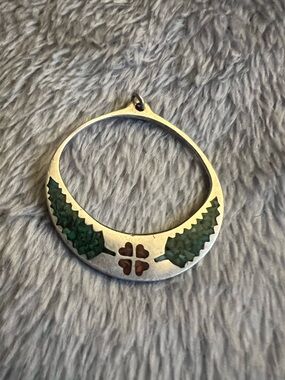Southwestern Sterling Silver Mosaic Turquoise Fern/Red Coral Clover Pendant
